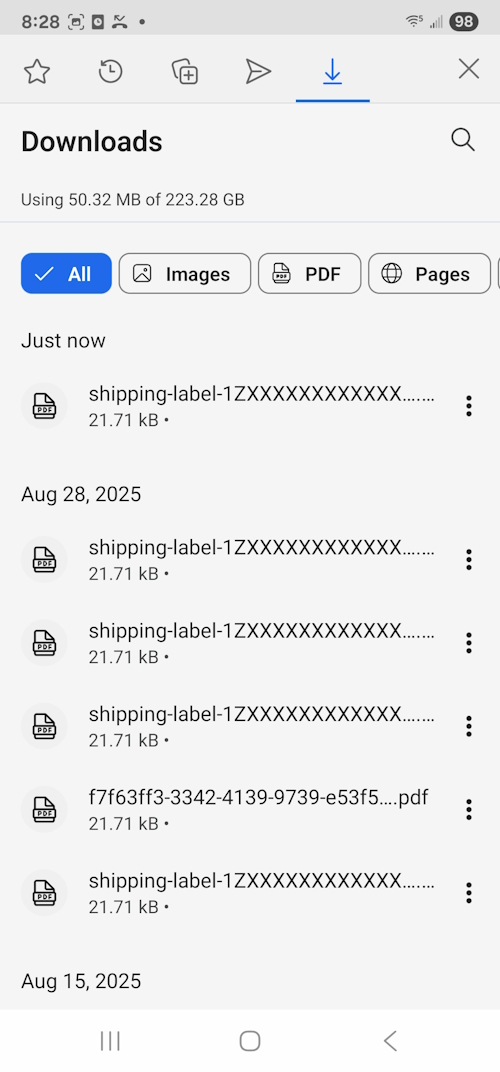 Android Downloads list with shipping label PDF