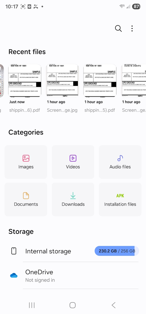 Inside My Files showing Recent with shipping label PDFs