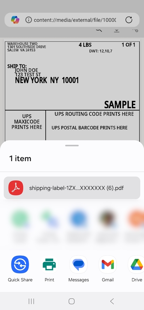 Android system print preview screen