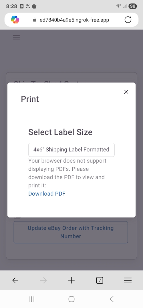 Android label dialog showing Download PDF link