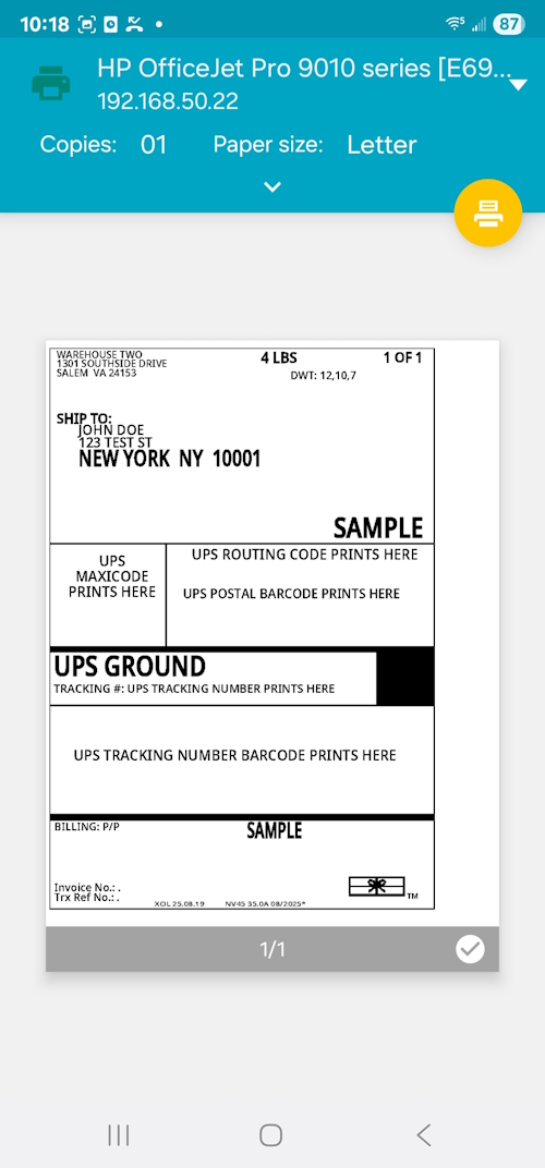 Android print dialog with printer selection and paper size