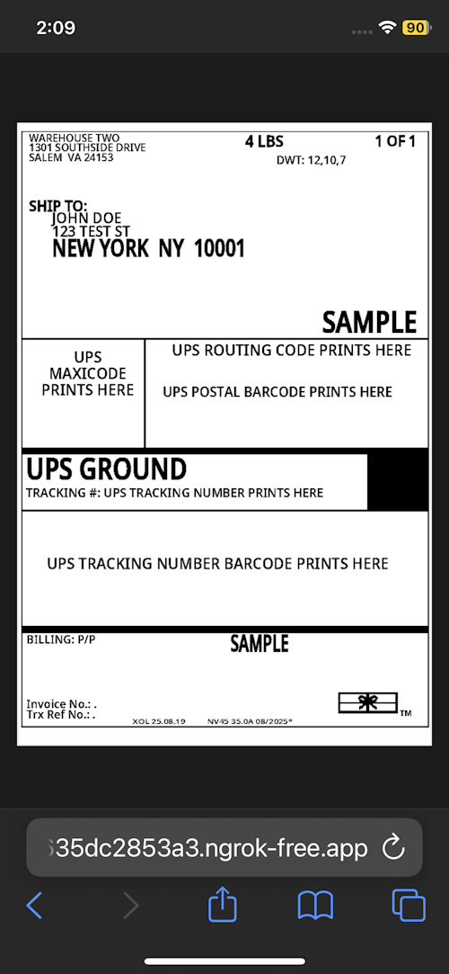 Preview of 4×6 UPS label on iPhone