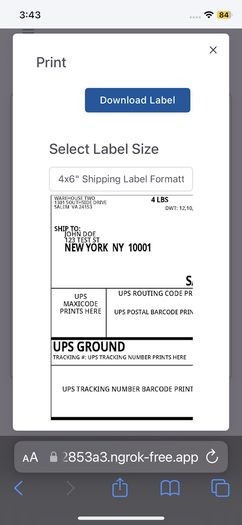 Label page with Print button on iPhone