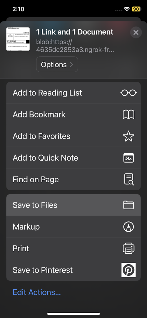 iPhone Share sheet showing Save to Files option